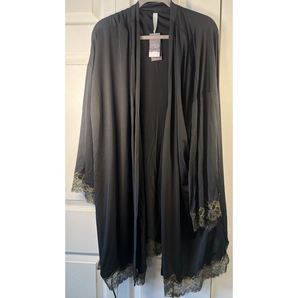 New Cacique Robe Tie Waist Black & Gold Lace Ladies Size 26/28 Kimono Sleeves